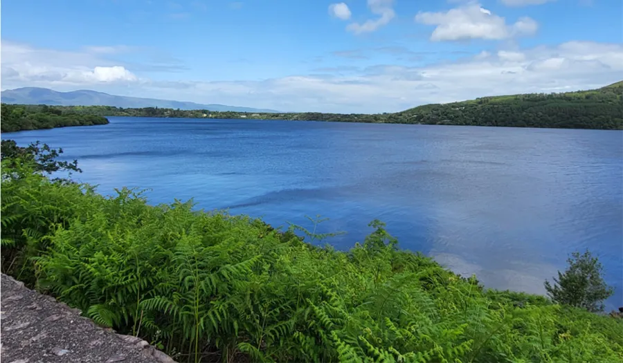 Bhí an t-uisce ag lonrú mar ghealach ghorm sa ghrian