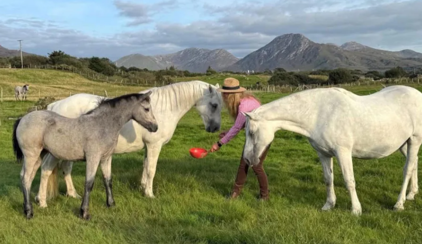 Cathy agus na capaillini ag Binn Ghuaire. Pictiur Curthaar fail