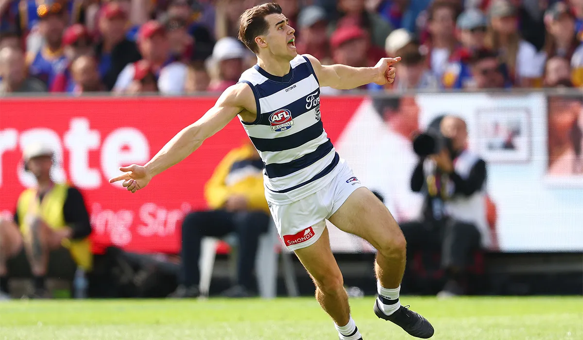 Oisin Mullin san AFL leis na Geelong Cats. Pic: Morgan Hancock/AFL Photos/via Getty Images