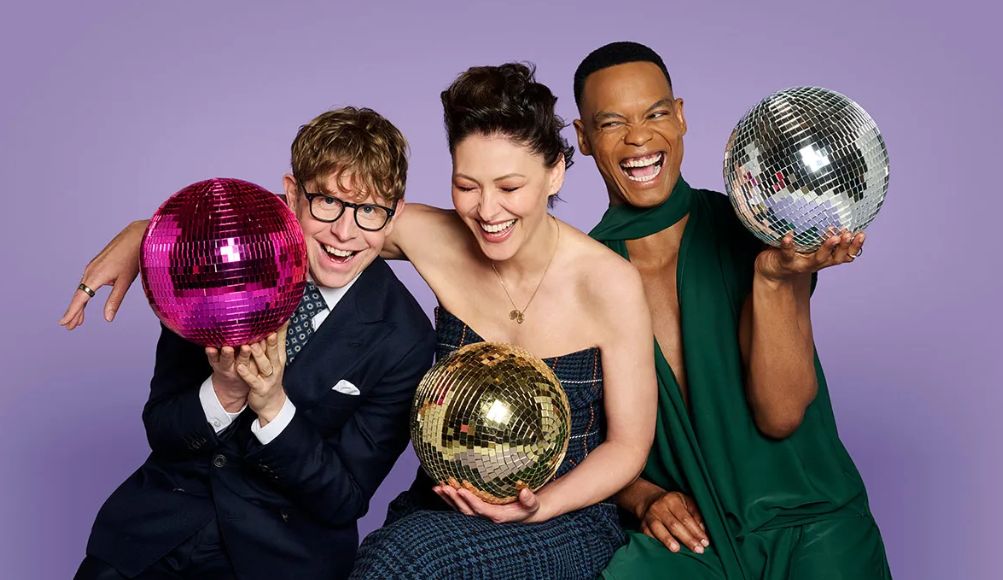 Johannes Radebe, Josh Widdicombe, Emma Willis, Strictly Come Dancing presenters. Pictiúr BBCRay Burmiston